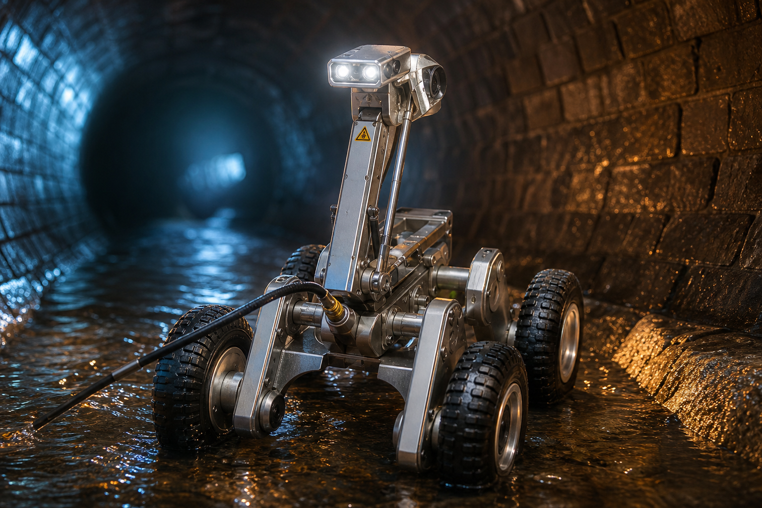 Robotic CCTV inspection crawler inside a brick sewer