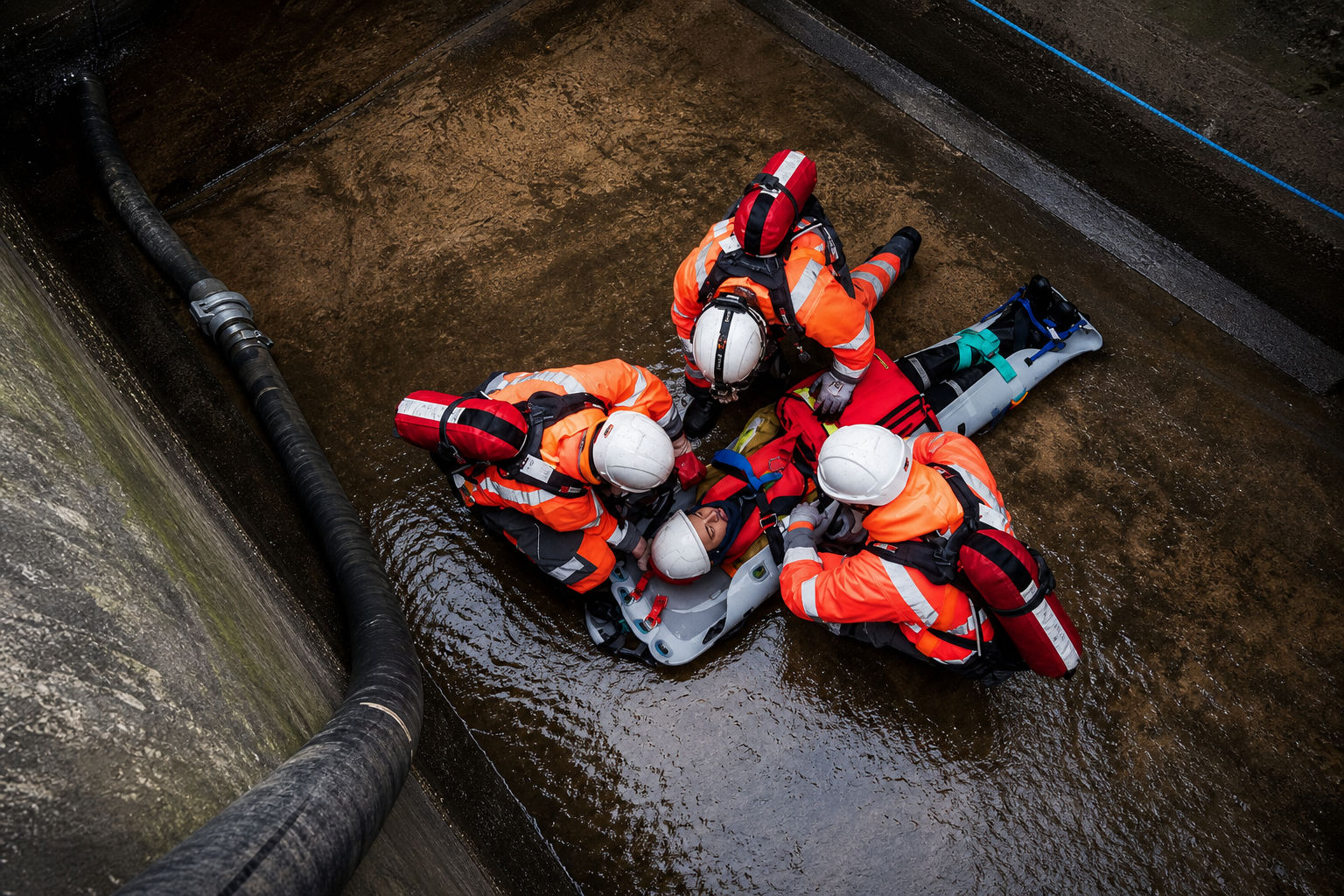 Confined space rescue team training in a culvert chamber