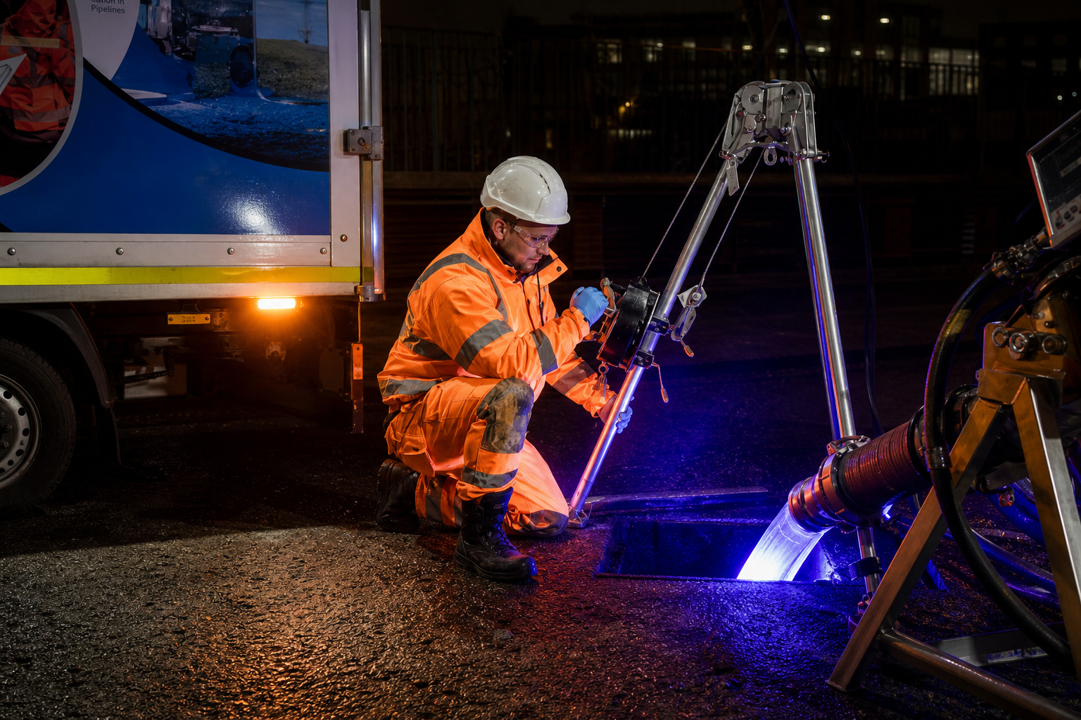 Engineer installing UV pipe lining equipment at night