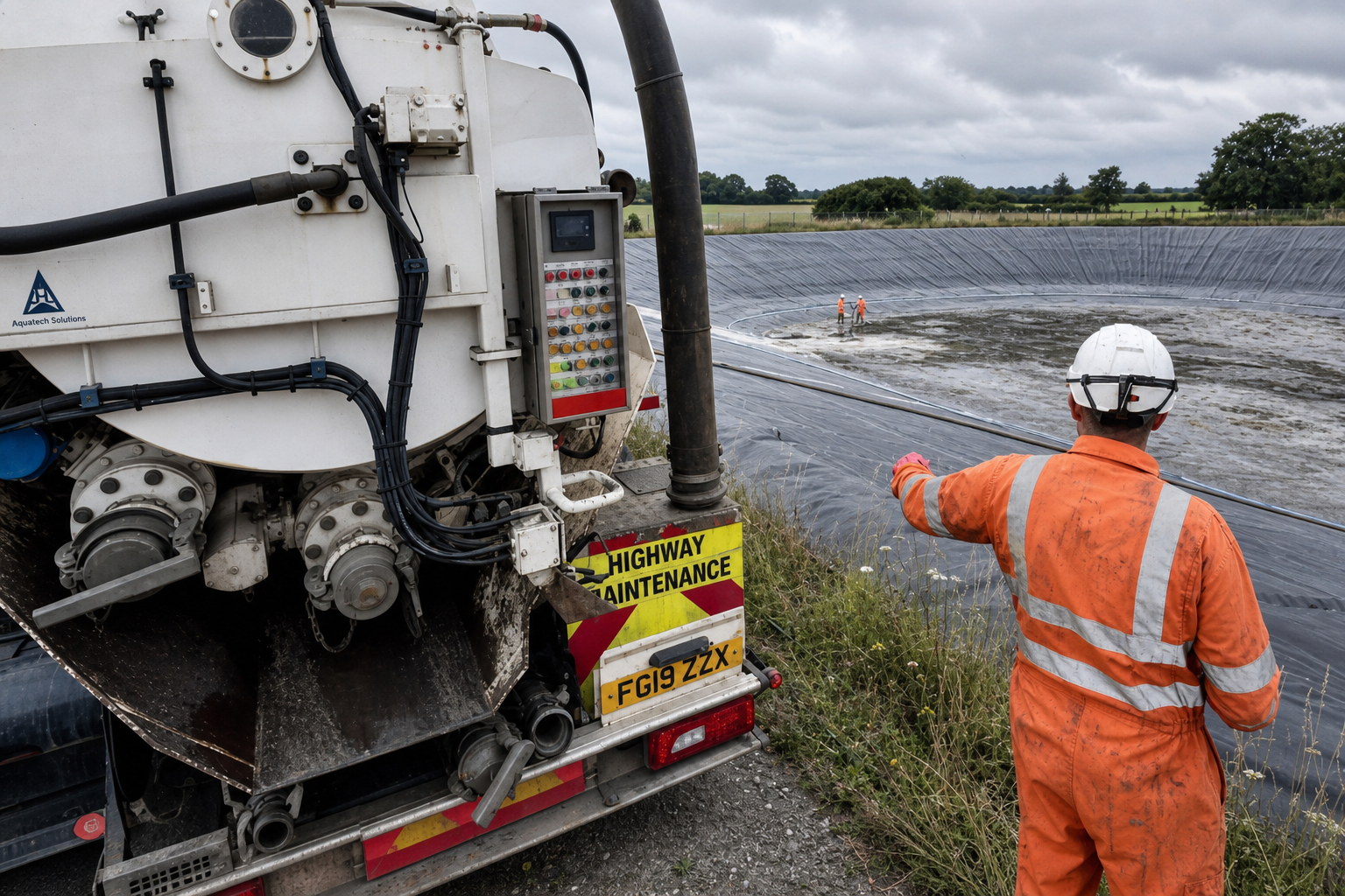 Tanker emptying a lined industrial lagoon