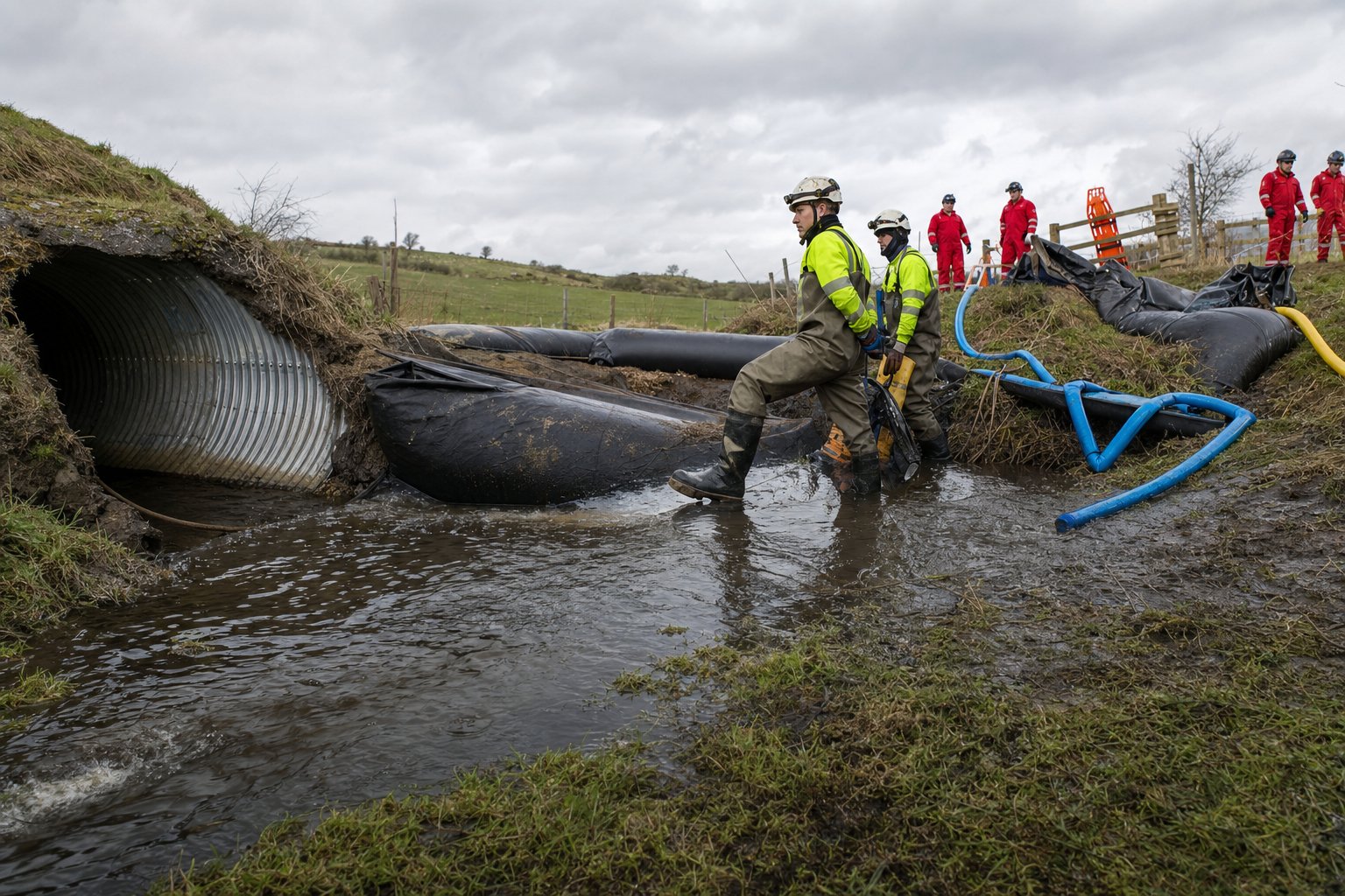 Engineers damming and over-pumping a watercourse culvert