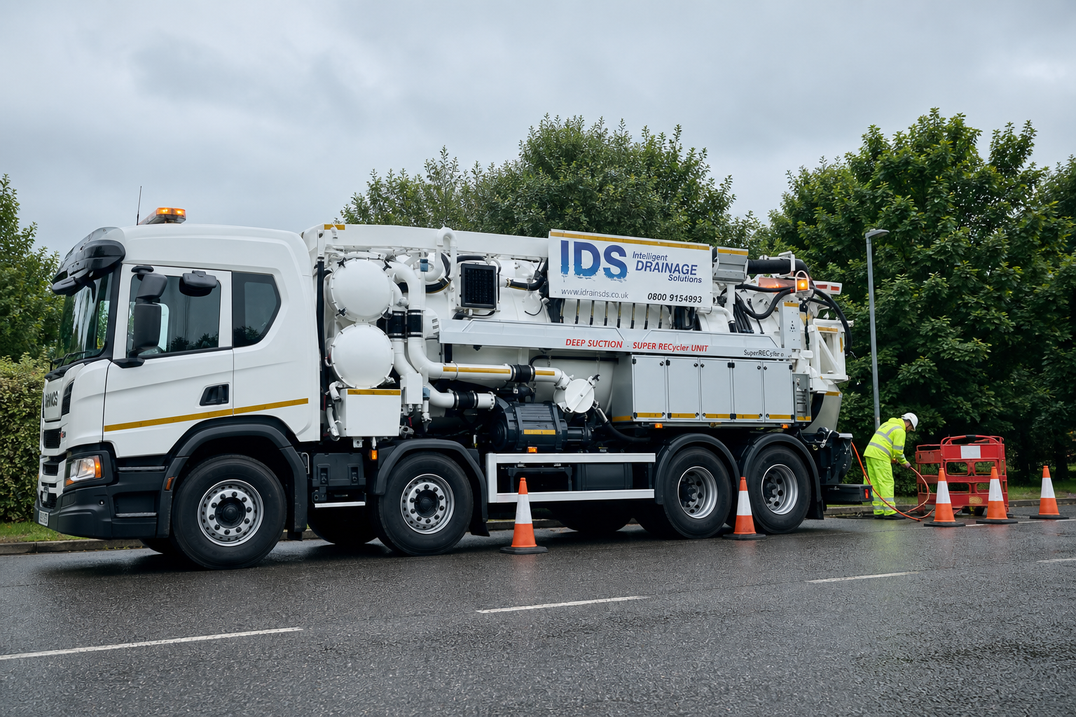 IDS jetting truck on site, commercial drain cleaning and survey works