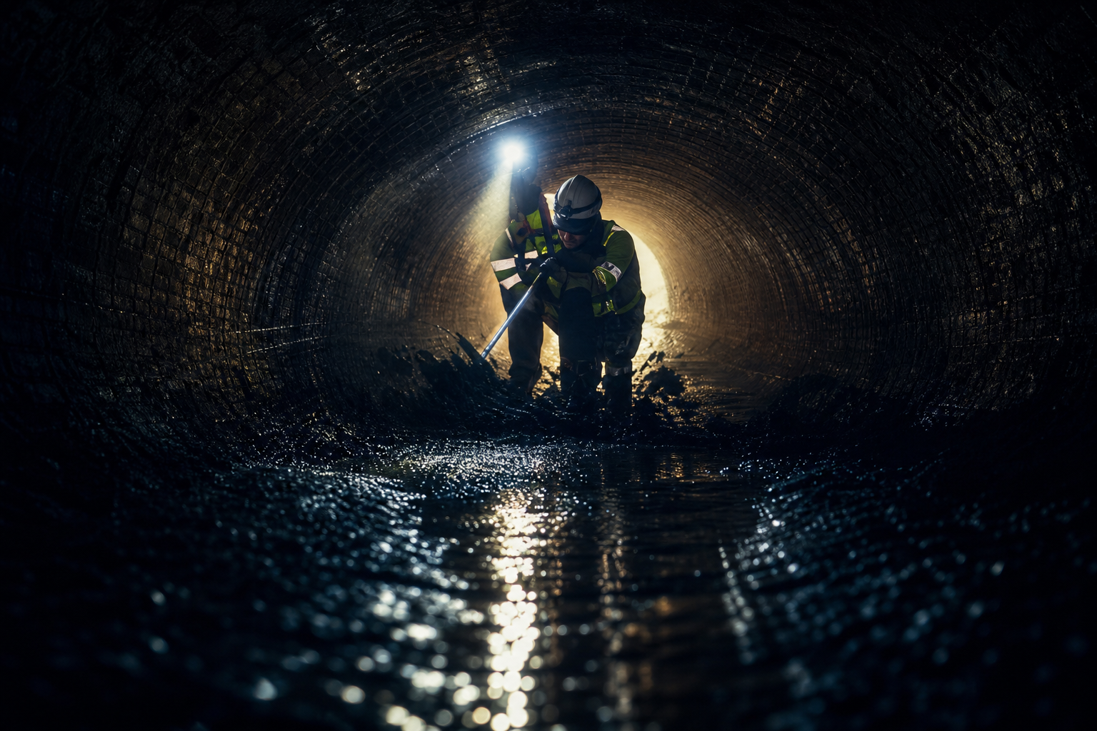 Engineer inspecting a large brick trunk sewer